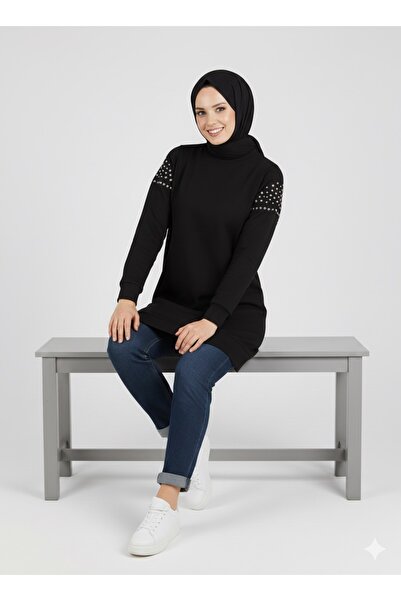 Kırmızı iz Kalın tesettür spor tunik 3iplik kalın tunik omuzu taş detaylı tesettür tunik