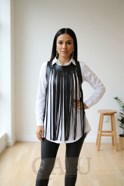 Qaju Women's Tassel Detail Black Leather Vest