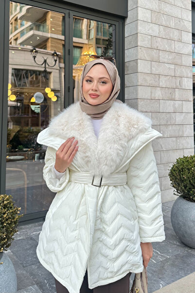 LOCCO Palton de damă cu detaliu de blană la guler, cu legături în talie, alb