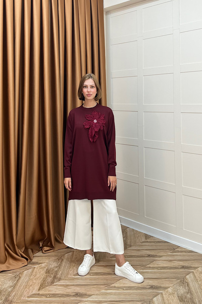 Stilife Merserize Çiçekli Triko Tunik Bordo