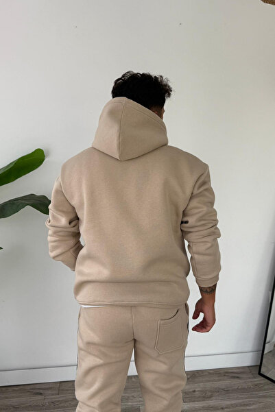 Tarz Cool Men's Hooded Kangaroo Pocket Piped Bottom Top Set Beige