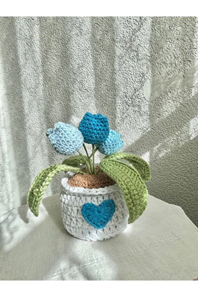 HENERA El Örgüsü Saksıda Lale / Yapay Çiçek / Sevgililer Günü / Hediyelik /Doğum Günü/Öğretmenler Günü