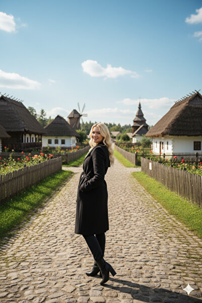 LİMABEL Krmin Coat Black Belted Pocketed Long Cashmere Winter Women's Coat-1