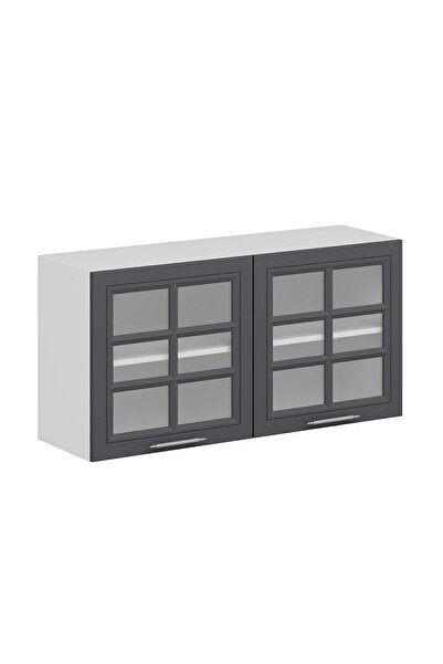 Alvinka Mutfak Modül Mbr_C Üst 2Dk1R 120-H60Cm Dolap Cam Beyaz Antrasit Mdf