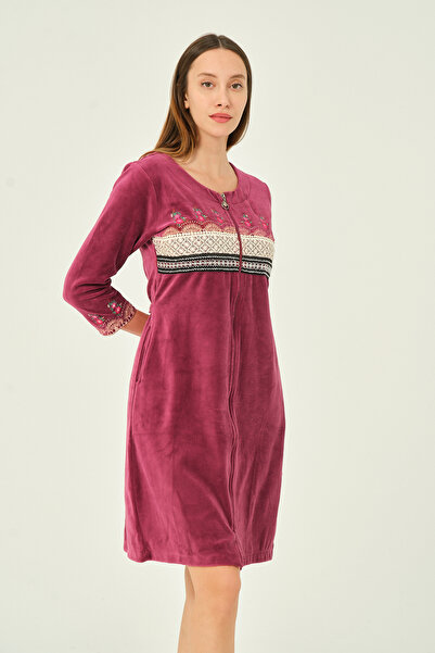 İntensive Embroidery And Lace Detailed Cotton Velvet Dress With Zipper Pockets