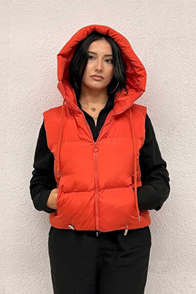 MİSSKAYLE Hood Detailed Puffer Vest Orange