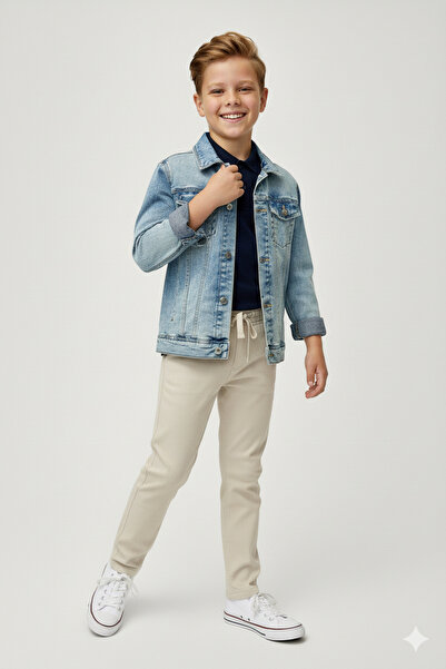 rois Children's Cotton Light Beige Pants with Elastic Waist