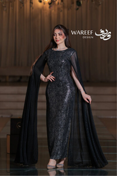 WAREEF FASHION فستان سهرة أسود طويل لامع فخم بأكمام كاب