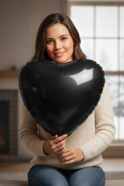 Baloncu Dede Siyah Kalp 1 Adet 45 Cm Sevgililer Günü Romantik Kutlama Doğum G...