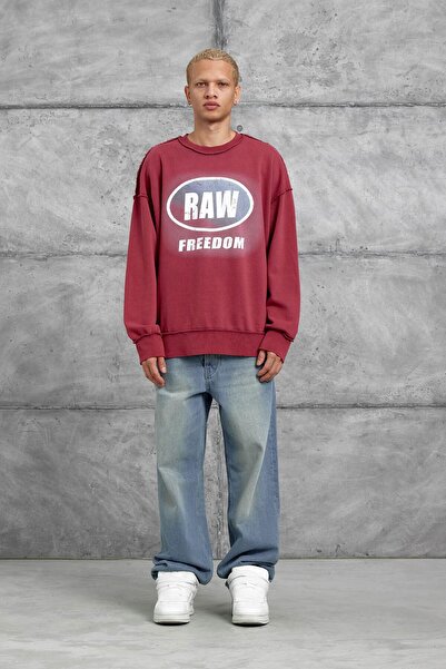 NOMARC Red Raw Printed Oversized Sweatshirt