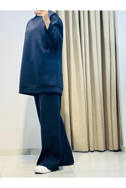 QVARS BUTİK بنطلون TD Asel Scuba Bol - أزرق داكن