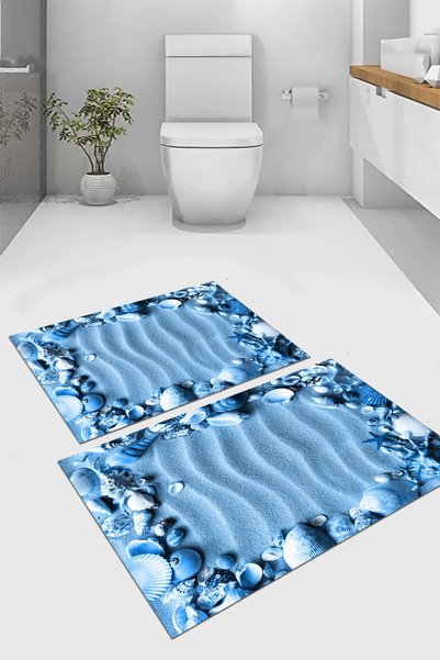 EVİMSEN Digital Printed Washable and Non-Slip Based Colorful Stone Patterned Bath Mat Toilet Set