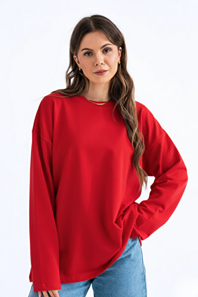 GUARAZ Women's Red Relax Fit Comfortable Cut 100% Cotton Long Sleeve Crew Neck Basic T-Shirt