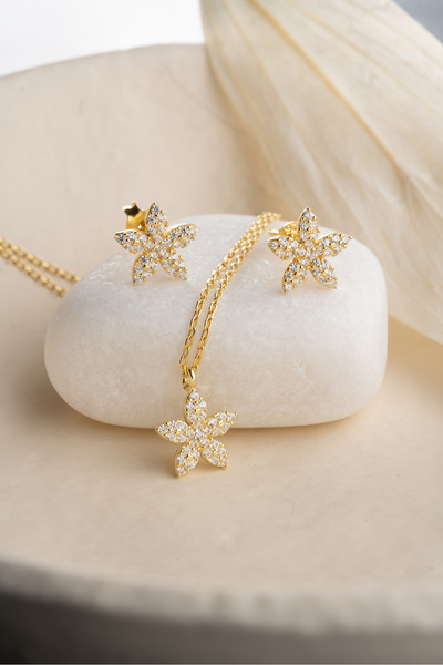 VAOOV 925 Ayar Gümüş Minimal Taşlı Çiçek Set