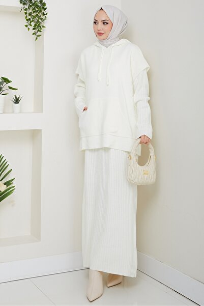 Bestenur Hooded Tunic Dress Knitwear Set 1645 - White