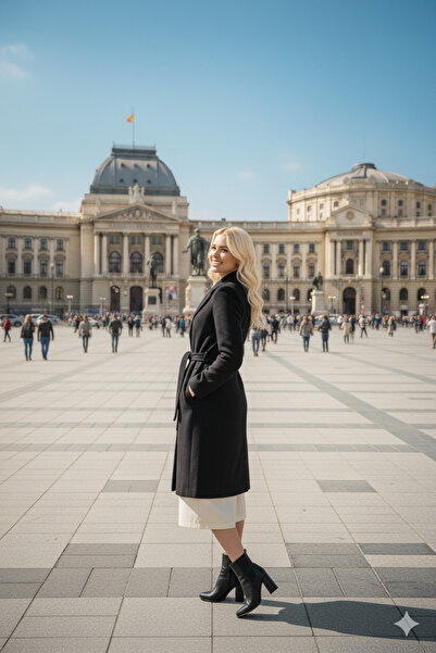 LİMABEL Bella Coat Black Belted Pocketed Long Cashmere Winter Women's Coat-1