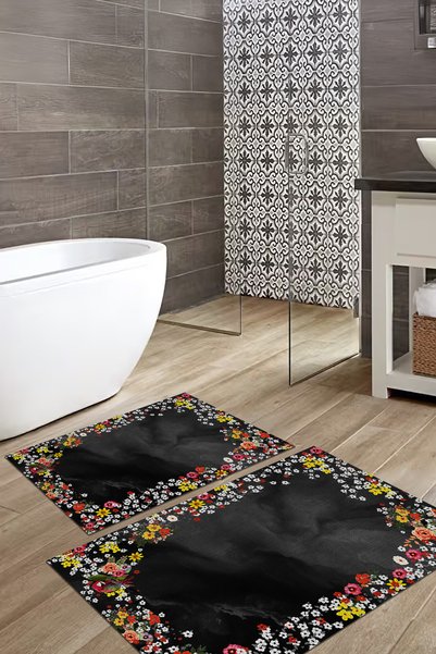 EVİMSEN Digital Printed Washable and Non-Slip Based Floral Model Bath Mat Toilet Set