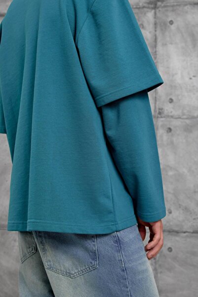 NOMARC Πράσινο μπλουζάκι με λαιμόκοψη πόλο με μανίκια με ένθετα μέρη, μεγάλου μεγέθους