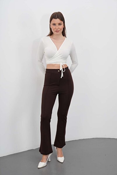 makarimato Women's Crepe Fabric Lycra Front Crocheted Flare Leg Palazzo Trousers