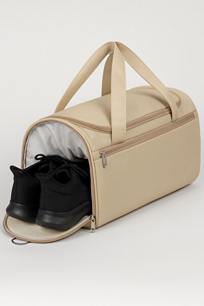 KAFF Beige Faux Leather Unisex Large Volume Travel Sports Fitness Bag with Side Shoe Compartment - 00124
