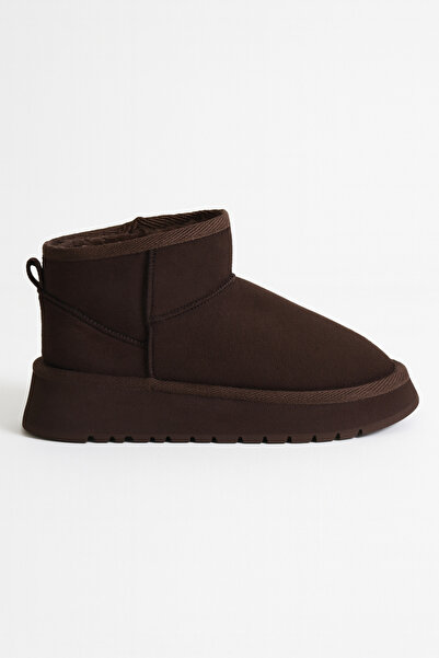 Adım Dünyası Women's Bitter Brown Suede Fur Lined Thick Sole High Heeled Sole Winter Ankle Short Mini Ug Boots