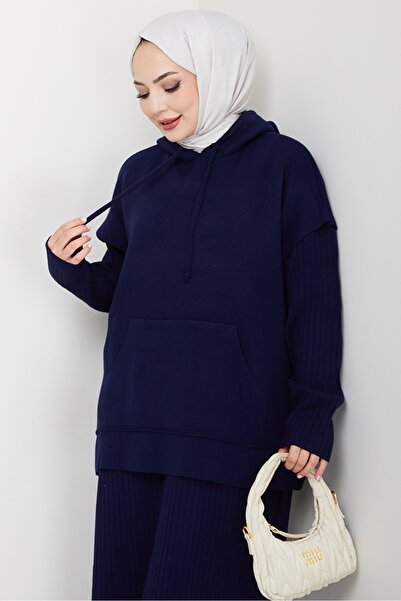 Bestenur Hooded Tunic Dress Knitwear Set 1645 - Navy Blue