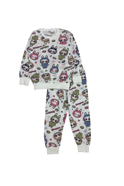 Şekerkids Girl's Two Thread Sha Fleece-Lined White Labubu Patterned Long Sleeve Pajama Set