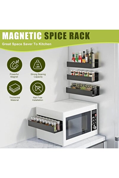 MACVI ® 4 Magnetic Kitchen Shelves, spice organizer with 4 hooks, metal, black, 5 kg capacity