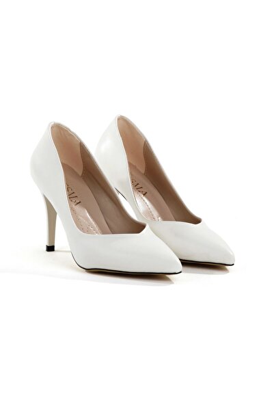 Y ESMA Stiletto White Skin - Medium Thin Heel, V Mouth Low-Cut Women's Shoes