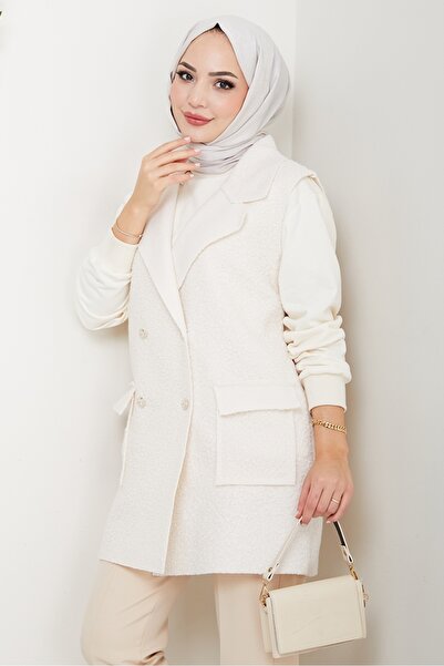 Bestenur Buttoned Vest with Flap Pocket 1649 - White