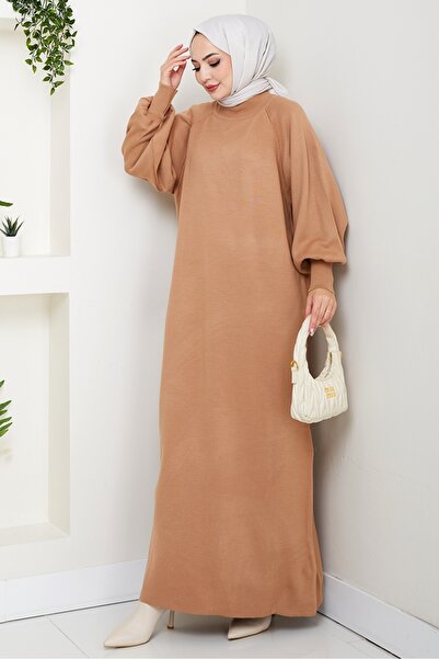 Bestenur Φόρεμα πλεκτό με μανίκια μπαλόνι 1600 - Ανοιχτό καφέ