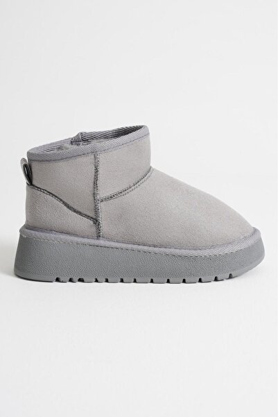 Adım Dünyası Γυναικείες μπότες χειμερινές κοντές μίνι Ug με ψηλό τακούνι, γκρι σουέντ, με επένδυση από γούνα και χοντρή σόλα