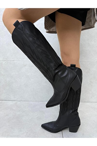 Elvinin Tarzı Westa Siyah Deri Uzun Kovboy Çizmesi