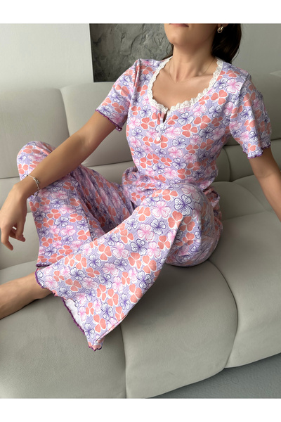 Genel Markalar Desenli Fitilli Pamuklu Dantel Detaylı Kısa Kol Pijama Takımı