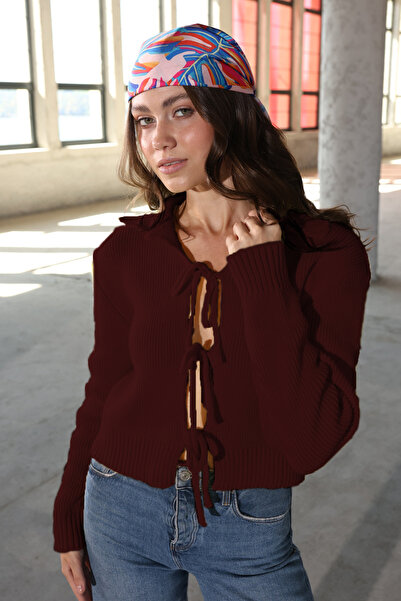 AURRARİ Burgundy Bow Tie Detailed Knitwear Cardigan