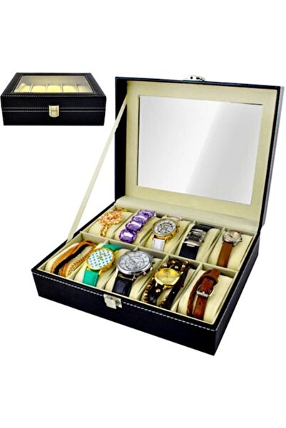 varioshop organizer box for 10 watches, bracelets and jewelry — faux leather, transparent lid, mag