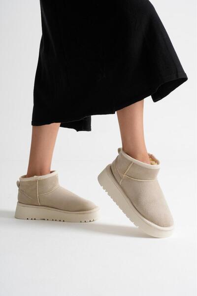 Adım Dünyası Kadın Bej Süet Içi Kürklü Kalın Tabanlı Yüksek Topuklu Taban Kışlık Bilekte Kısa Mini Ug Bot