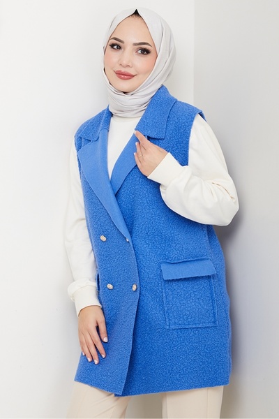 Bestenur Buttoned Vest with Flap Pocket 1649 - Blue