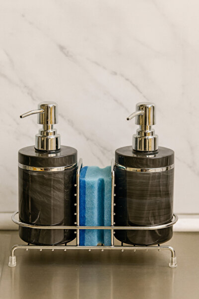 MAKRİ HOME 2'li Sıvı Sabunluk Seti, Süngerlikli ve Stantlı, Gri Gümüş