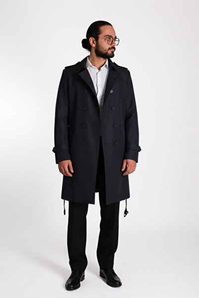 D1fference KARAN Erkek Regular Fit Kruvaze Kapama Kemerli Apoletli Uzun Trençkot