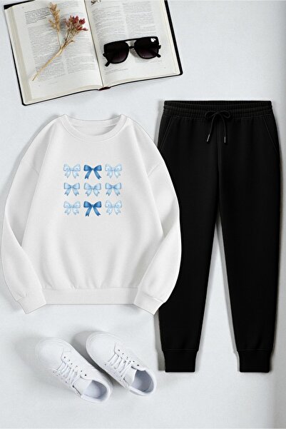 uyguntarz Unisex Ribbon Design Printed Crew Neck Sweatshirt 2-Piece Tracksuit Set