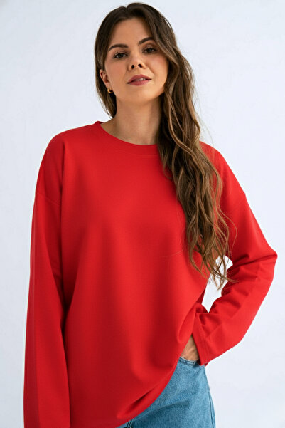 GUARAZ Women's Red Relax Fit Comfortable Cut 100% Cotton Long Sleeve Crew Neck Basic T-Shirt