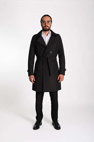 D1fference KARAN Erkek Regular Fit Kruvaze Kapama Kemerli Apoletli Uzun Trençkot