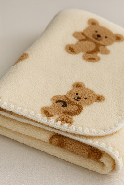 eradkids Premium Teddy Bear Detailed Cream Welsoft Baby Blanket / Lux Baby Gift