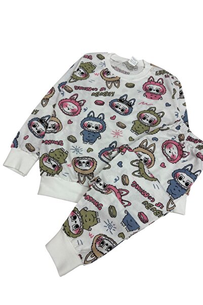 Şekerkids Girl's Two Thread Sha Fleece-Lined White Labubu Patterned Long Sleeve Pajama Set