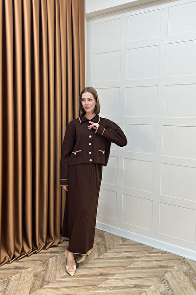 Stilife Σετ πλεκτό με ρωμαϊκή φούστα καφέ