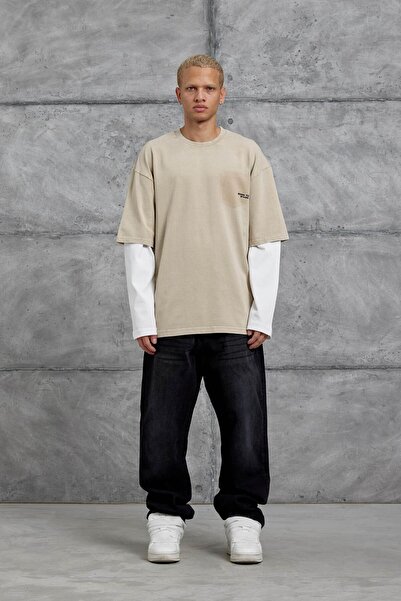 NOMARC Κρεμ μπλουζάκι BORN TO STAND με γραμμένο κομμάτι στο μανίκι