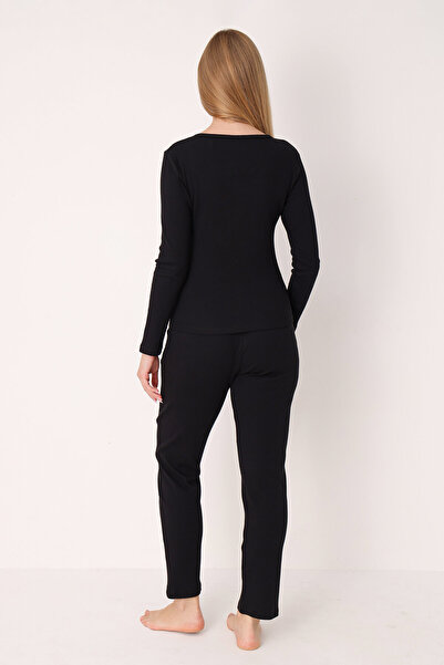 NBB bumbac 100% , Decolteu în V cu nasturi, mâneci lungi, set de pijamale pentru femei, negru