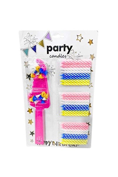 Generic مجموعة شموع كعكة الحفلات - شموع مخططة متعددة الألوان مع حامل وطبق تقديم وردي