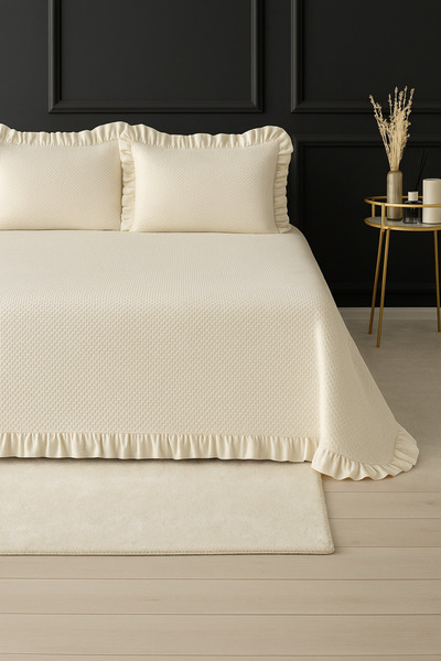 POMELO HOME Tek Kişilik Petek Dokulu %100 Pamuk Fırfırlı Yatak Örtüsü Takımı | Ekru Waffle Cotton Set